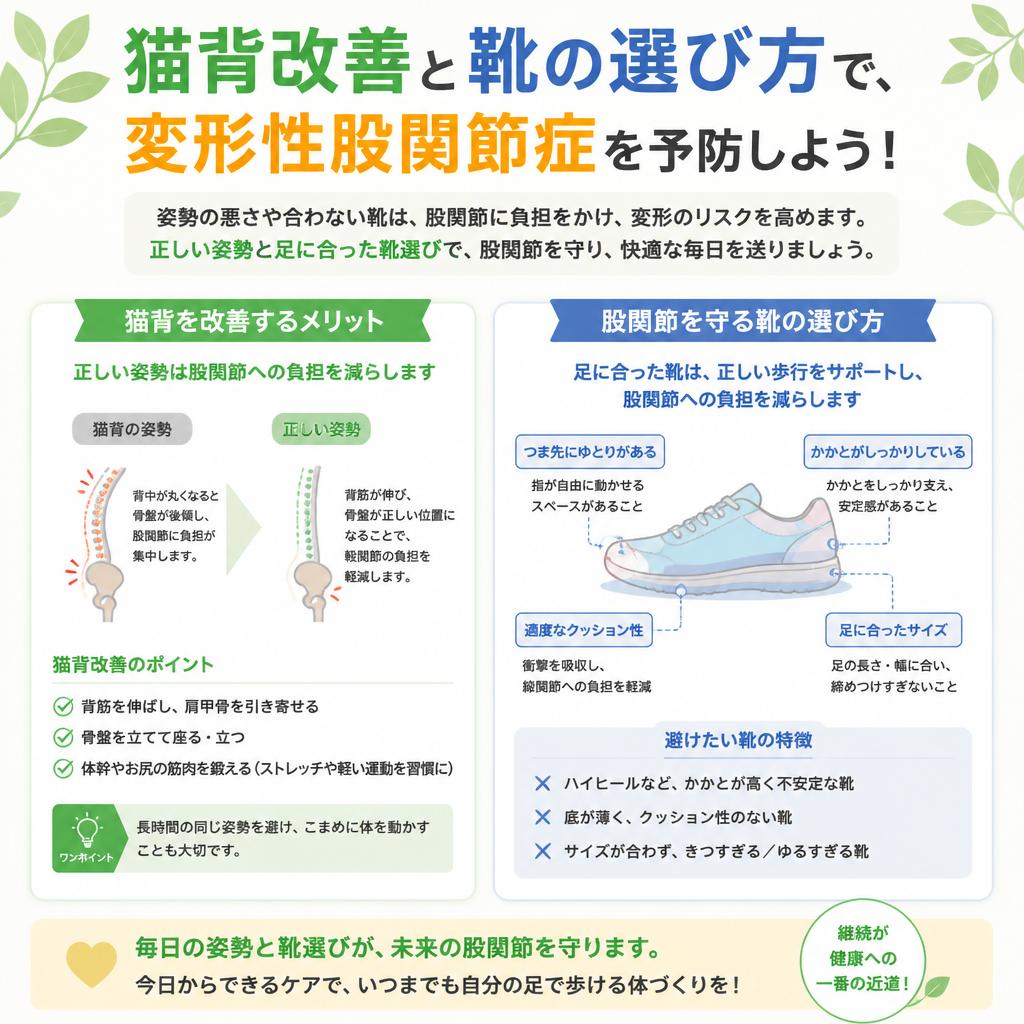 猫背改善と靴の選び方で、変形性股関節症を予防しよう！